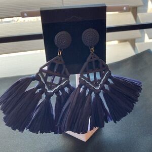 Vintage Dark Blue Boho Raffia Earrings.